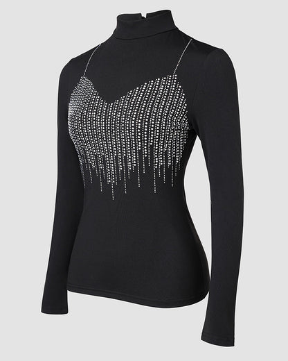 Mock Neck Long Sleeve Rhinestone Decor Top
