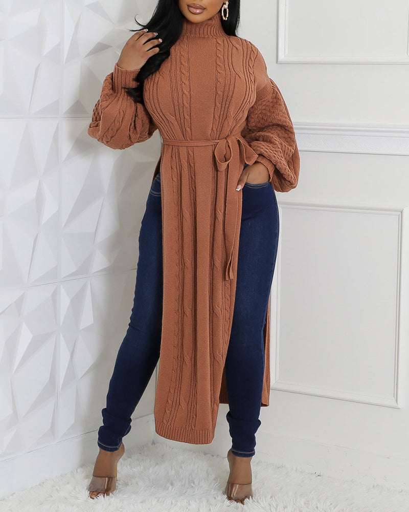 Cable Textured High Neck Lantern Sleeve Bow Tie Waist Sweater Casual High Slit Knit Longline Top