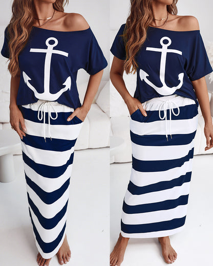2 Pieces Outfit Anchor Print Skew Neck Top and Casual Striped Drawstring Elastic Waist Skirt Set