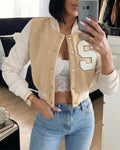 Women's Retro Varsity Jacket Colorblock Letter Patch Cropped Baseball Coat Snap Button Sporty Outerwear
