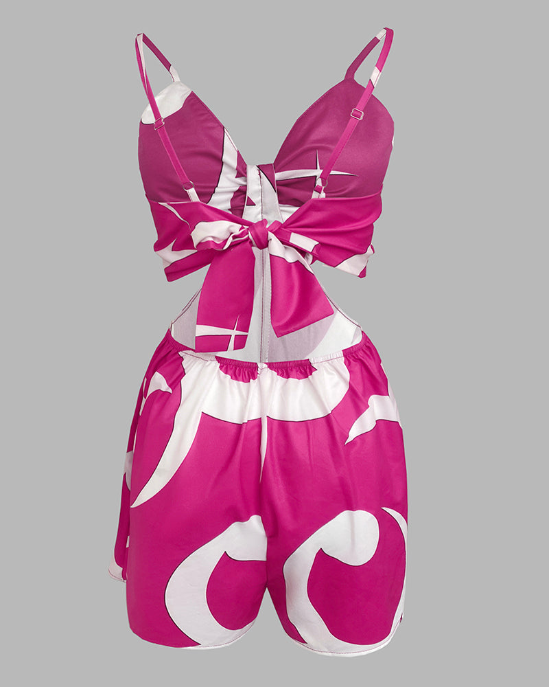 Floral Print Deep V-Neck Adjustable Spaghetti Straps Romper Casual Tied Back Cutout Slim Fit Skort Romper