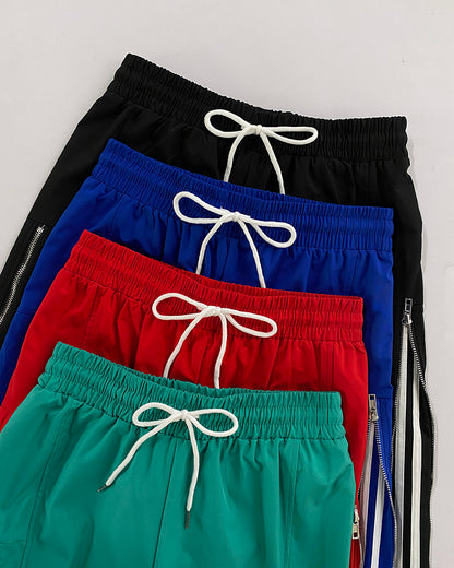 Contrast Side Striped & Zipper Slit Side Drawstring Elastic Waist Trousers Casual Wide Leg Pants