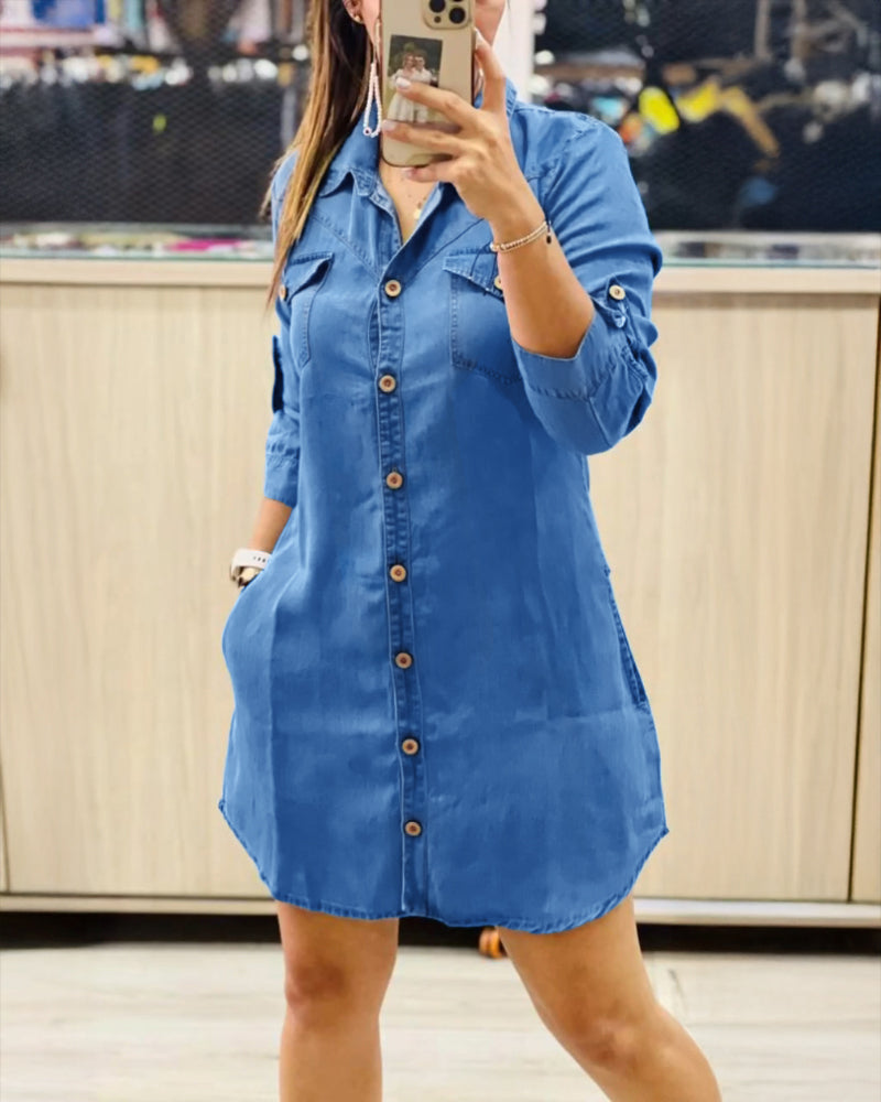 Turn-down Collar Turn-Up Sleeves Button Down Denim Shirt Dress Casual Flap Pockets Decor Asymmetrical Hem Dress
