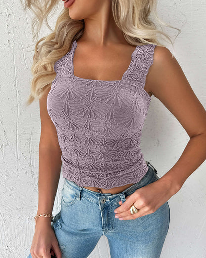 Floral Jacquard Square Neck Thick Strap Crop Tank Casual Sleeveless Top
