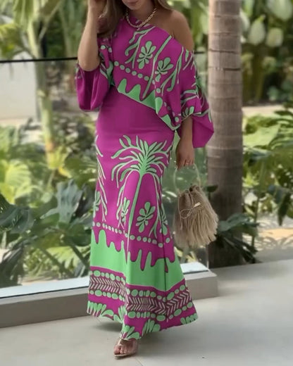 2 Pieces Outfit Tropical Print Lantern Sleeve Cold Shoulder Loose Top And Casual High Waist Fishtail Maxi Skirt Set
