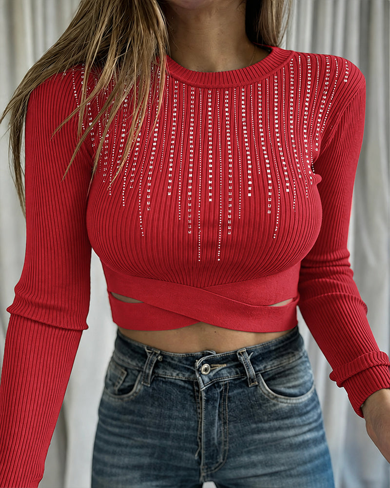 Women's Rhinestone Ribbed Knit Top Crisscross Cutout Waist Crop Tee Long Sleeve Slim Fit Layering Top