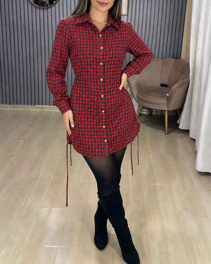 Women's Vintage Plaid Drawstring Long Sleeve Casual Dress Shirred Button Down Shirt Dress