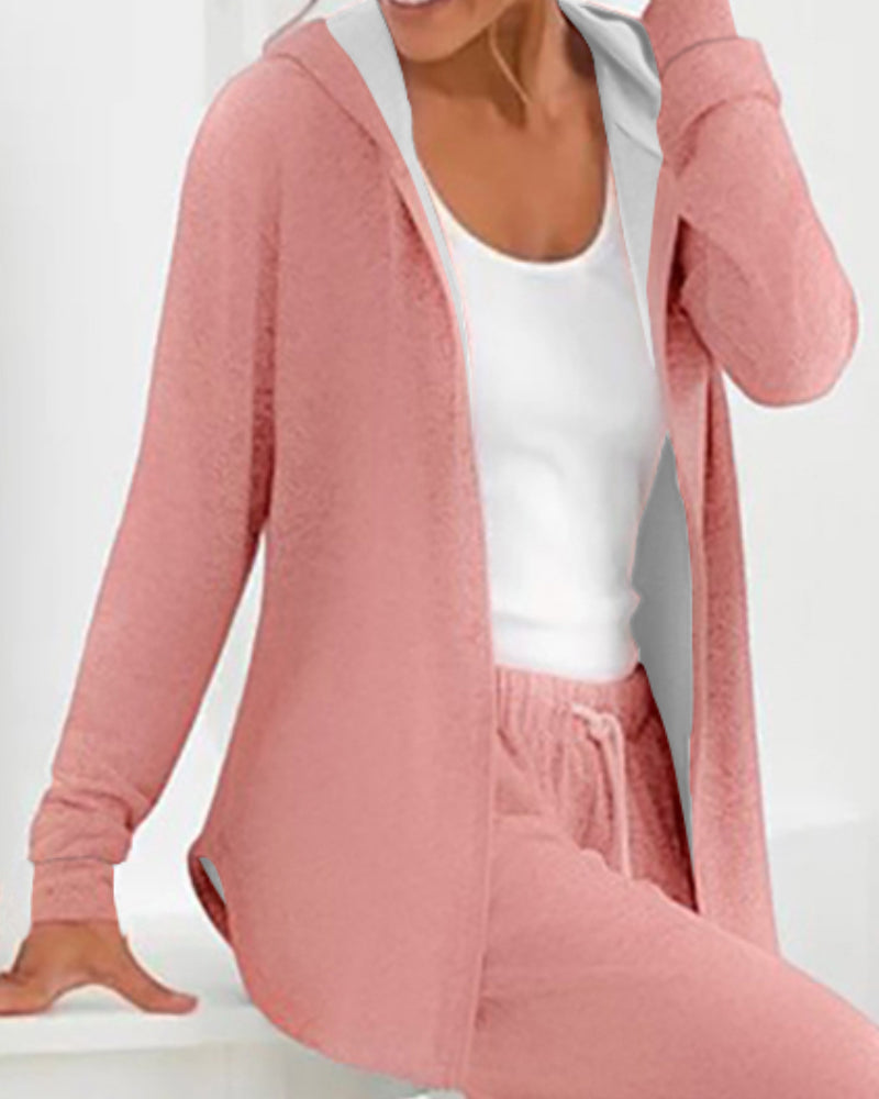 2 Piece Open Front Long Sleeve Hooded Top Drawstring Cuffed Pants Lounge Outfit Tracksuit Set