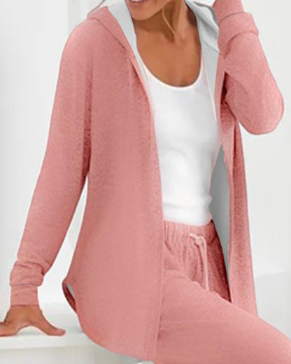 2 Piece Open Front Long Sleeve Hooded Top Drawstring Cuffed Pants Lounge Outfit Tracksuit Set