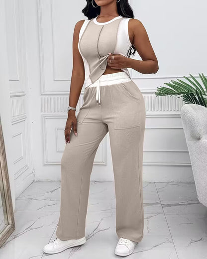 2 Pieces Outfit O-neck Slim Fit Tank Top and Drawstring Elastic Waist Straight Leg Pants Set Casual Colorblock Ribbed Set