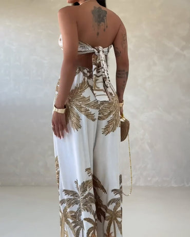 Palm Tree Print Bandeau Twist Front Backless Tie Back Overalls Casual Hollow-out Front Wide Leg Jumpsuit
