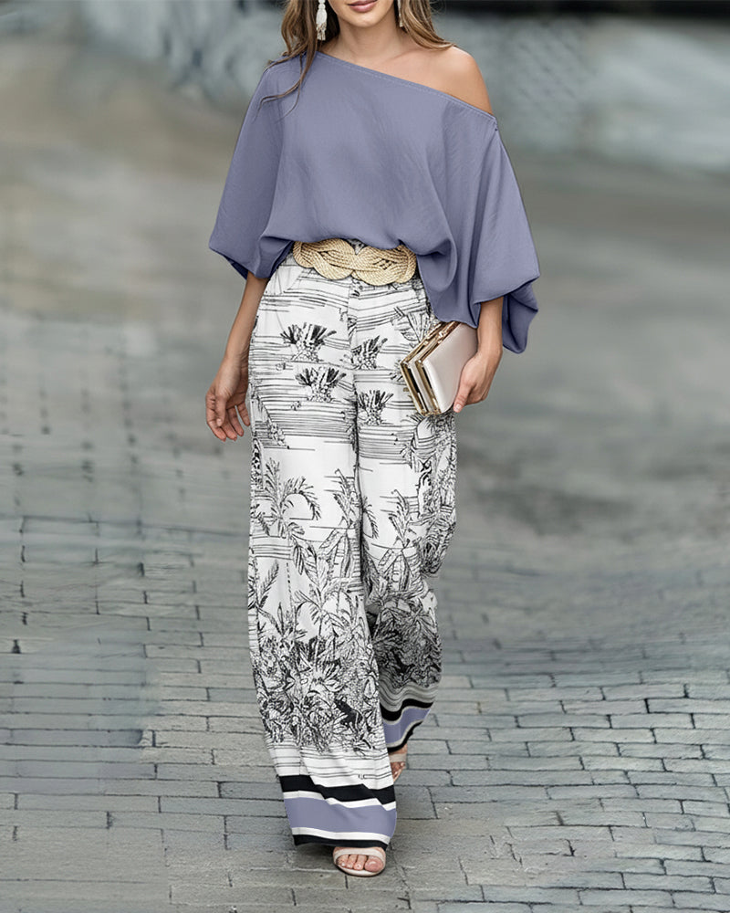 2 Pieces Outfit Skew Neck Batwing Sleeve Loose Fit Top and Plants Print Zipper Fly Colorblock Striped Trim Wide Leg Pants Set without Belt