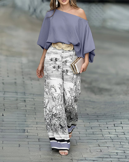 2 Pieces Outfit Skew Neck Batwing Sleeve Loose Fit Top and Plants Print Zipper Fly Colorblock Striped Trim Wide Leg Pants Set without Belt