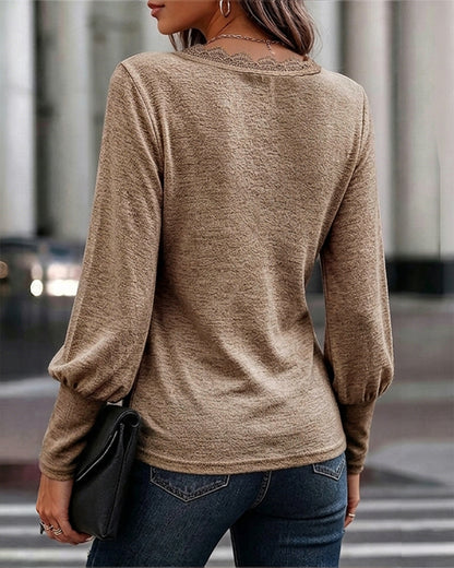 Women's Lace Trim V Neck Top Lantern Sleeve Pullover Top Casual Elegant Tee