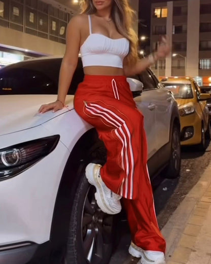 Contrast Side Striped & Zipper Slit Side Drawstring Elastic Waist Trousers Casual Wide Leg Pants