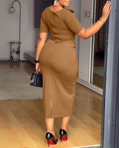 Single Breasted Decor Asymmetrical Layered Neck Slit Back Faux Two-Piece Dress Zipper Back Contrast Piping Trim Commuting Dress