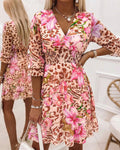 Women’s Leopard Floral Print Vacation Dress Overlap V Neck Shirred Waist Ruffle Midi Dress with Lining