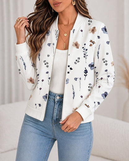 Women's Floral Print Bomber Jacket Casual Zip Up Long Sleeve Outerwear
