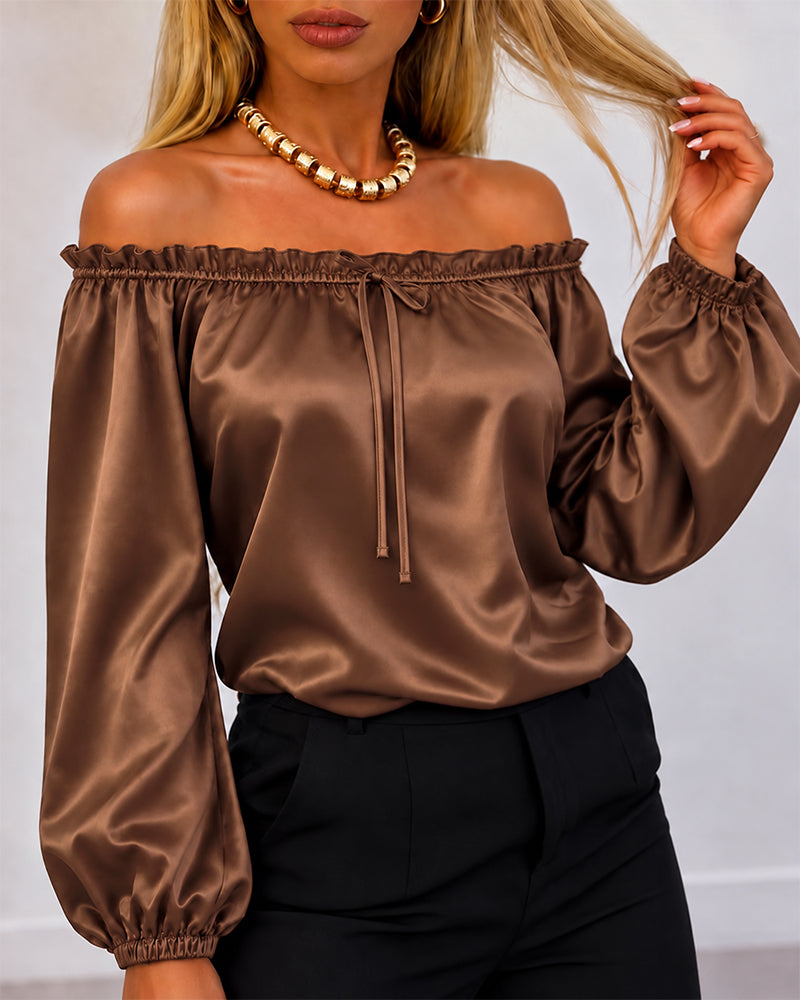 Women's Off Shoulder Satin Frill Trim Tie Front Lantern Sleeve Top