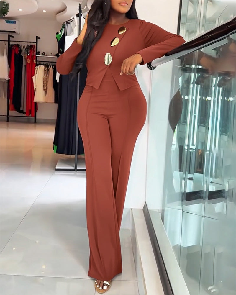 Golden Button Decor Long Sleeve Seam Front Overalls Casual Zipper Back Faux Two-Piece Commuting Jumpsuit