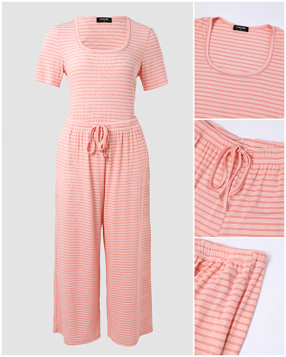 Women's 2 Piece Striped Pajama Set Short Sleeve Square Neck Crop Top and Wide Leg Pants Casual Loungewear