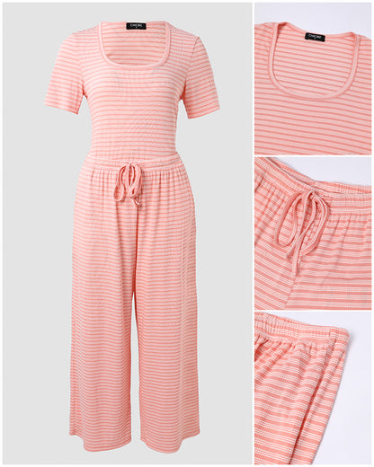 Women's 2 Piece Striped Pajama Set Short Sleeve Square Neck Crop Top and Wide Leg Pants Casual Loungewear