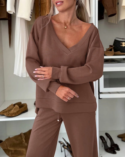 2 Pieces Outfit Plunge V Neck Pullover Sweatshirt and Casual Drawstring Waist Wide Leg Pants Set