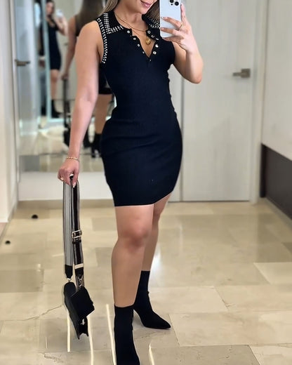Studded Polo Collar Sleeveless Half Snap Button Front Bodycon Dress Elegant Knit Mini Dress