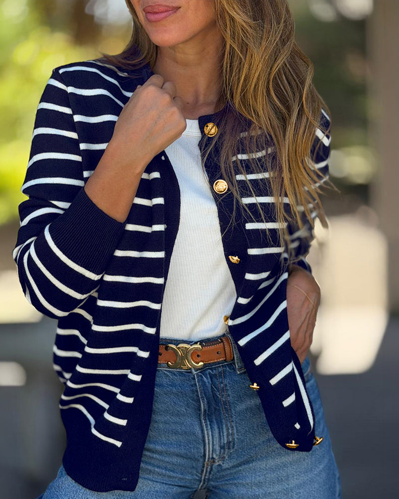 Women's Striped Knit Cardigan Casual Crewneck Button Down Sweater Vintage French Style Long Sleeve Top