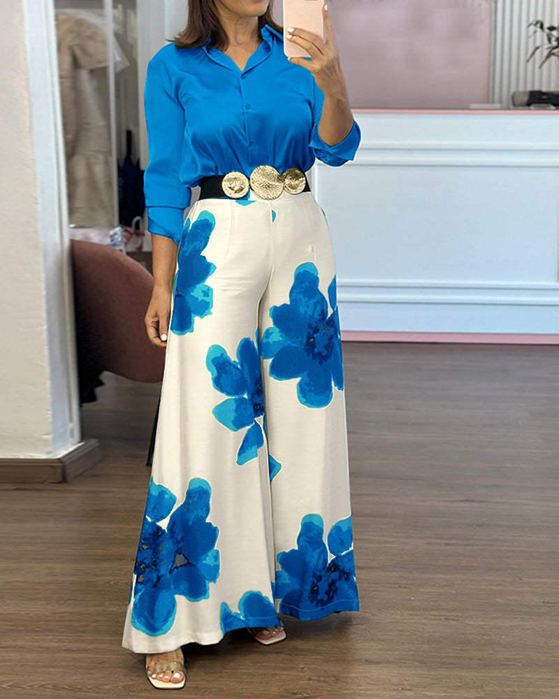 2 Pieces Outfit Long Sleeve Satin Blouse and Casual Floral Print High Waist Wide Leg Pants Set