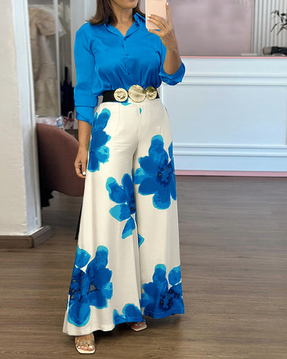 2 Pieces Outfit Long Sleeve Satin Blouse and Casual Floral Print High Waist Wide Leg Pants Set