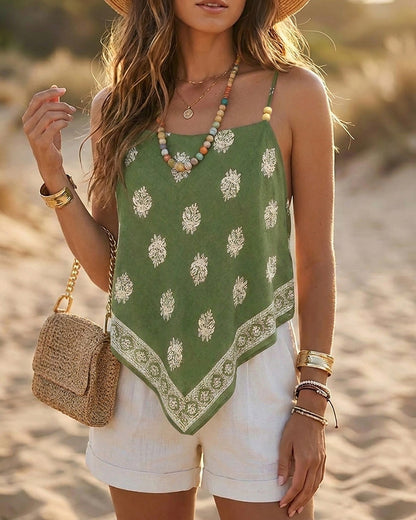 Women's Bohemian Retro Print Cami Top Adjustable Spaghetti Strap Square Neck Tank Backless Tied Detail Vacation Beaded Top