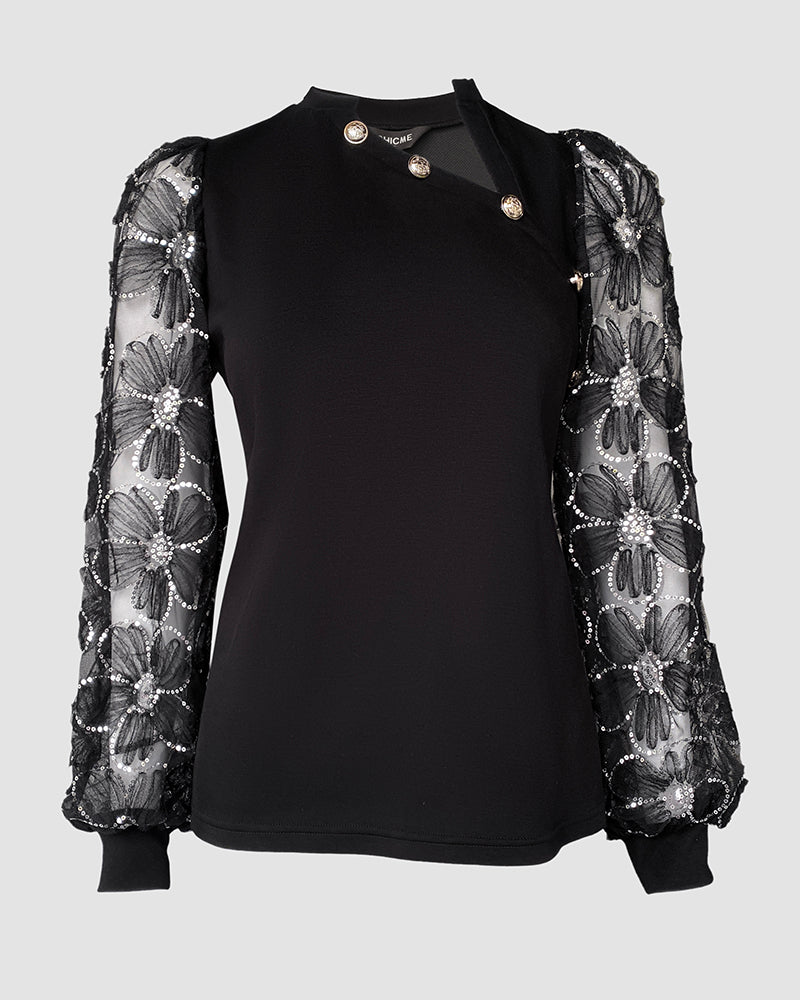 Lace Floral Open Front Long Sleeve Casual Button T-shirt