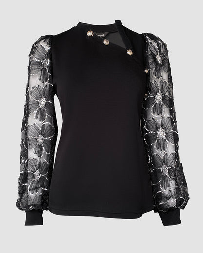 Lace Floral Open Front Long Sleeve Casual Button T-shirt