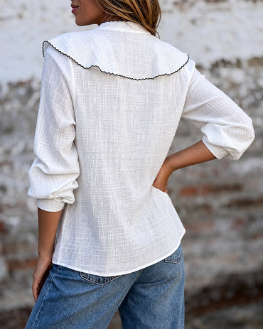 Women's Ruffle V-Neck Contrast Piping Trim Long Sleeve Button Front Blouse