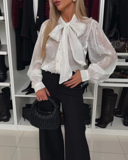 Tie Neck Beaded Long Sleeve Tied Detail Blouses Casual Shirts