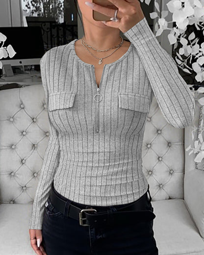 Long Sleeve Half Zip Flap Detail Ribbed Tee Slim Fit Brushed Top