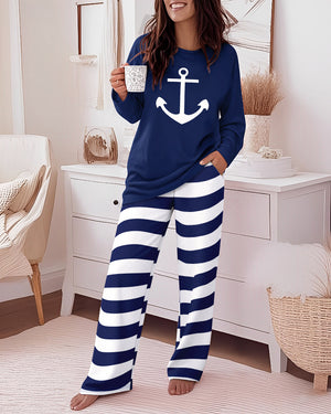 Ensemble pyjama 2 pièces pour femme, haut à manches longues et pantalon rayé à jambes larges, ensemble de salon décontracté