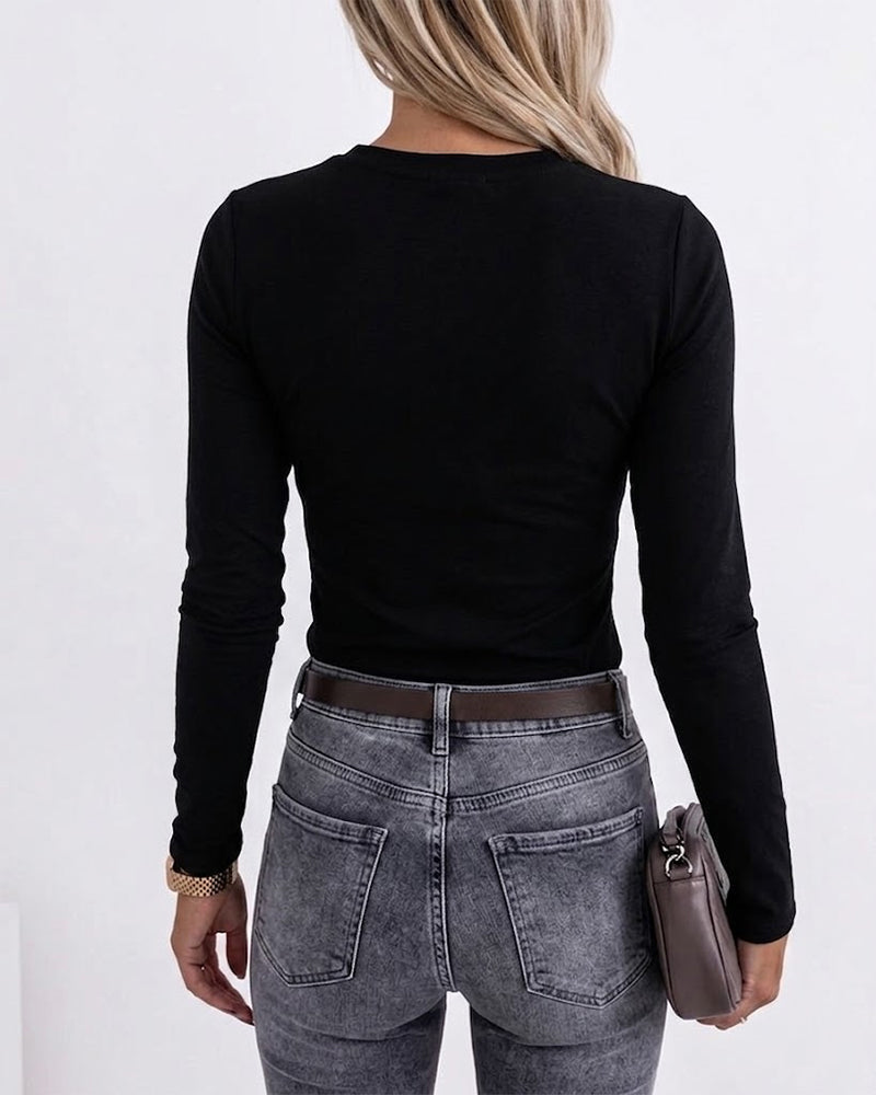 Women's Rhinestone Crewneck Long Sleeve Slim Fit Top