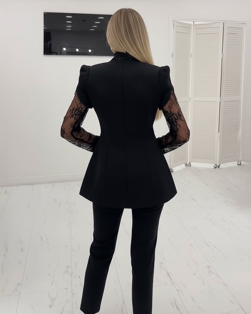 Eyelash Lace Trim Deep V-Neck Puff Sleeve Single Breasted Coat Lace Spliced Waist A-Line Blazer Coat