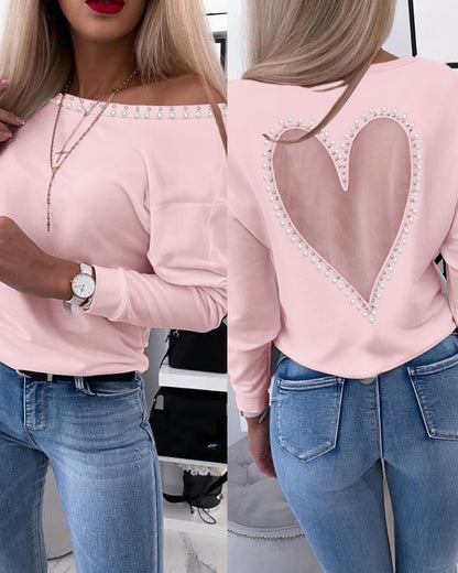 Pearls Decor Sheer Heart Pattern Mesh Spliced Tee Casual Drop Shoulder Long Sleeve Top