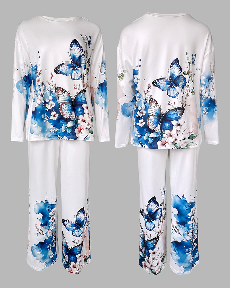 Floral Butterfly Print Round Neck Long Sleeve Top and Causal Pants Set with Pocket