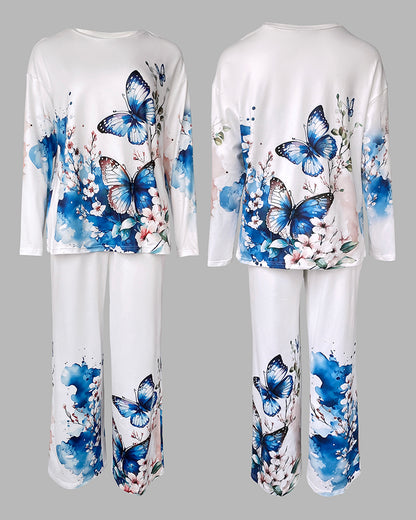 Floral Butterfly Print Round Neck Long Sleeve Top and Causal Pants Set with Pocket