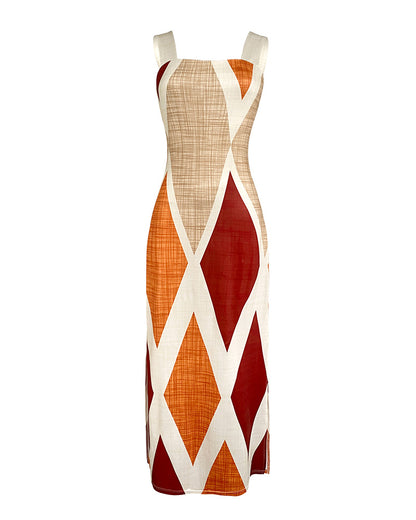 Geometric Print Square Neck Thick Strap Vacation Dress Casual Slim Fit Slit Maxi Dress