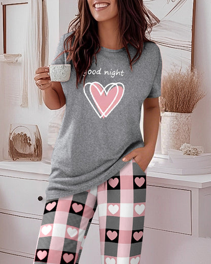2 Pieces Outfit Floral Print Short Sleeve Top and Casual Plaid Heart Pattren Lounge Pants Set