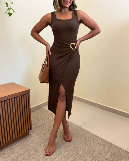 Women's U-Neck Sleeveless Ribbed Midi Dress Gold Buckle Side Twist Slit Bodycon Tank Dress