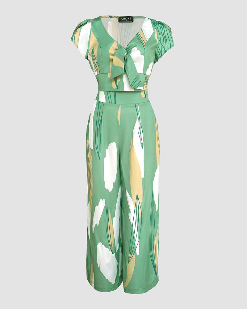 2 Pieces Outfit V Neck Petal Sleeve Tie Front Shirred Back Hem Crop Top and High Waist Elastic Back Waist Wide Leg Pants Set Casual Colorblock Abstract Print Set