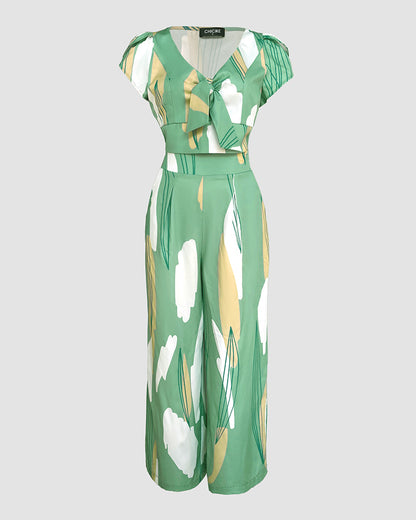 2 Pieces Outfit V Neck Petal Sleeve Tie Front Shirred Back Hem Crop Top and High Waist Elastic Back Waist Wide Leg Pants Set Casual Colorblock Abstract Print Set