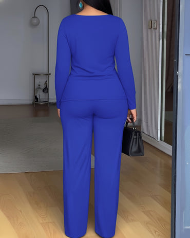 Women's 2 Piece Set Overlap V-Neck Ruched Long Sleeve Top and Wide Leg Pants Set
