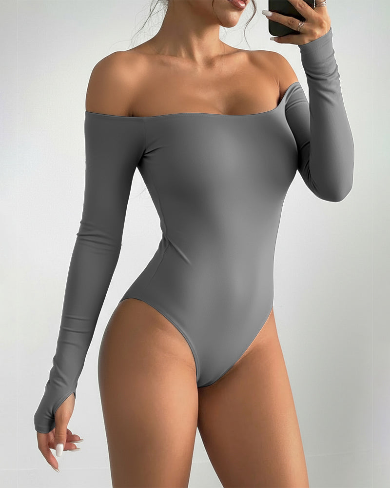 Off Shoulder Long Sleeve Slim Fit Versatile Bodysuit with Thumb Hole Cuffs